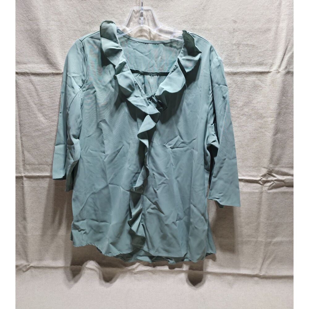 NWT Yes Fashion Sage Green V-Neck Ruffle Blouse – Large 3/4 Sleeve Top